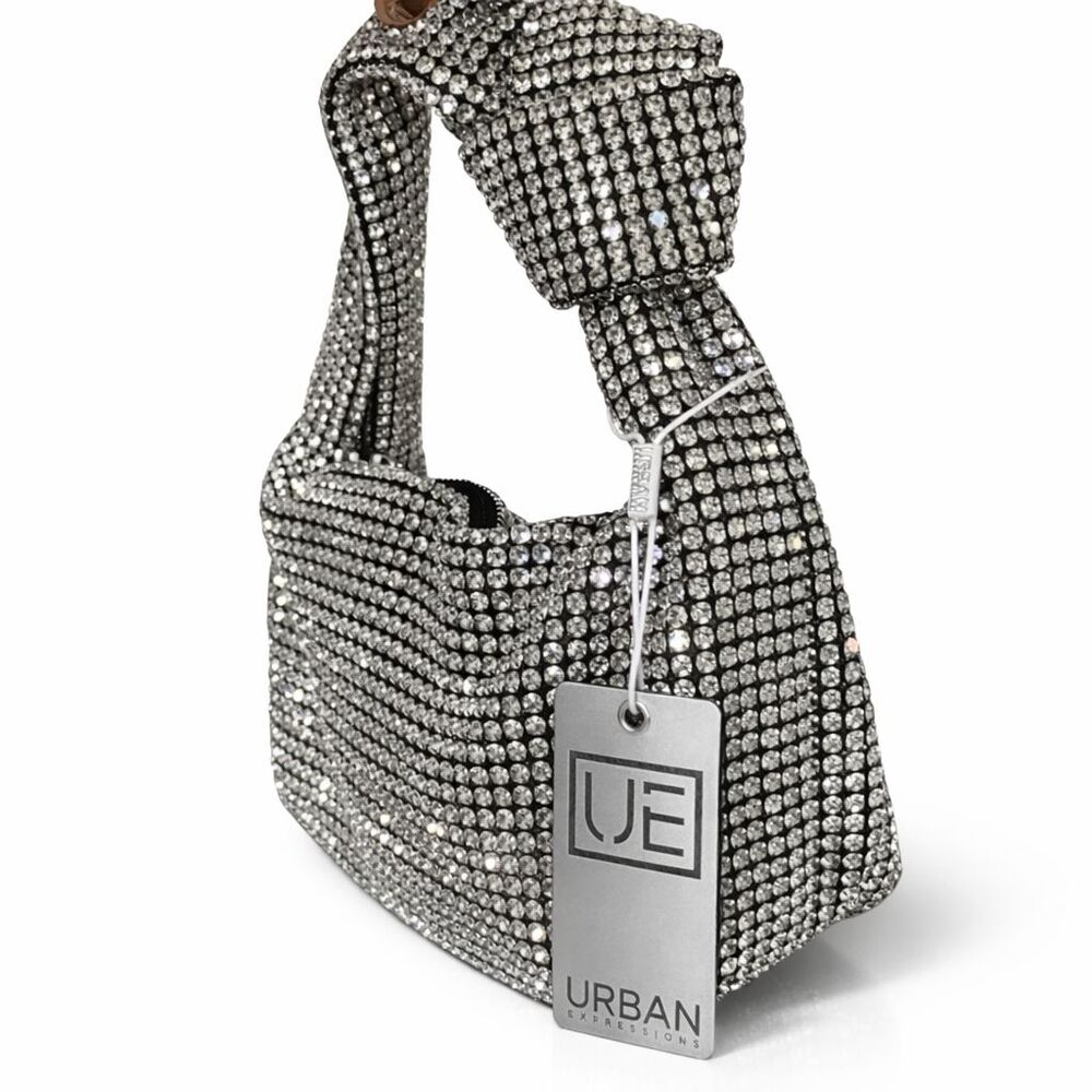 URBAN EXPRESSIONS Women Shoulder Bag Rhinestone SILVER Zippered Shiny Party